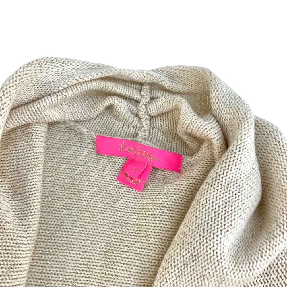 Lilly Pulitzer Cream and Gold Knit Open Front Tatum Cardigan with Fringe - Picture 3 of 6